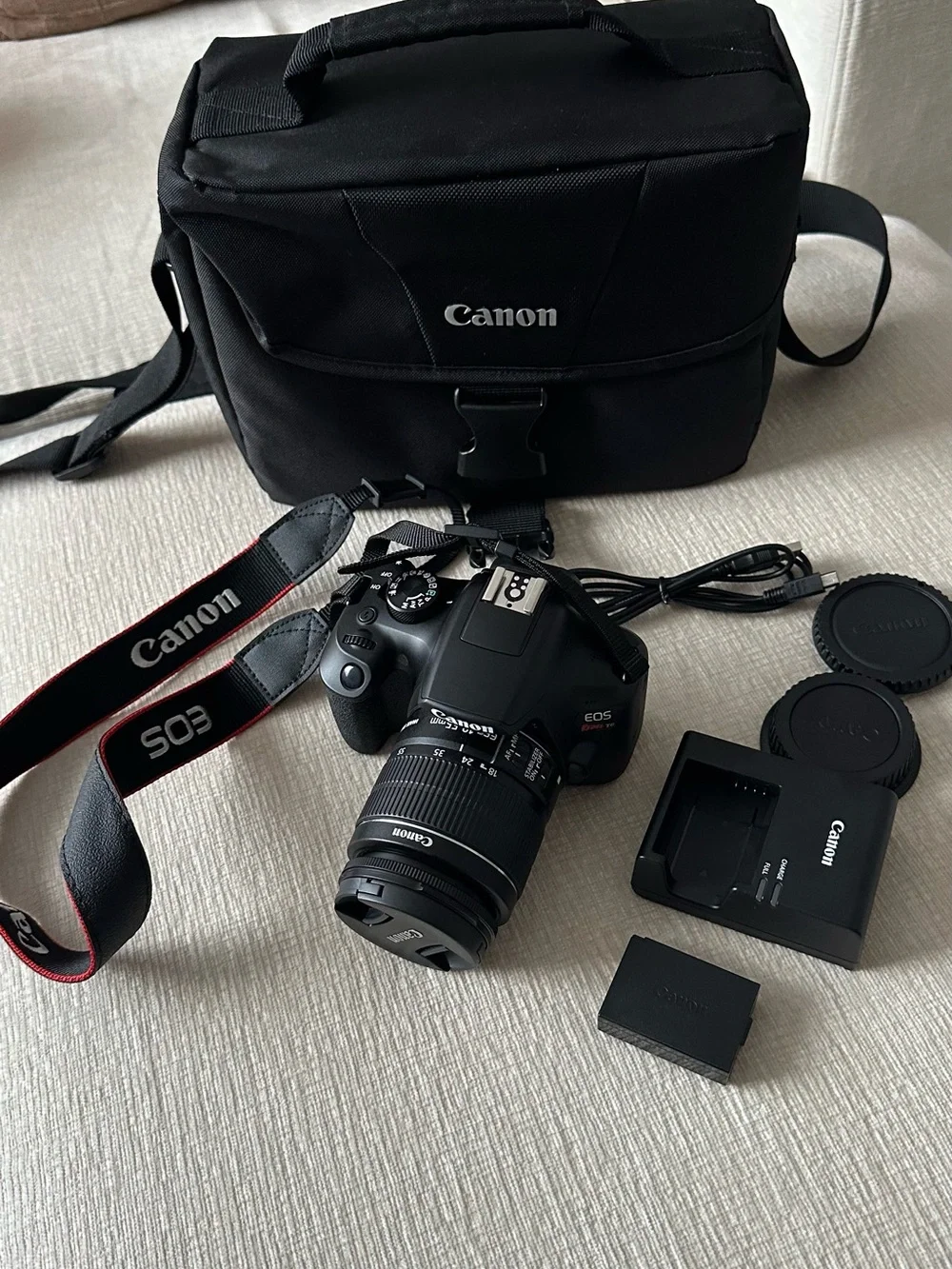 Canon DSLR Camera Kit in Black with Red-Trim Strap